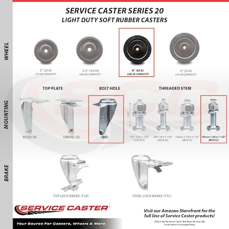 Service Caster 4 Inch Soft Rubber Wheel Swivel 10mm Threaded Stem Caster Brakes SCC, 2PK SCC-TS20S414-SRS-M1015-2-TLB-2
